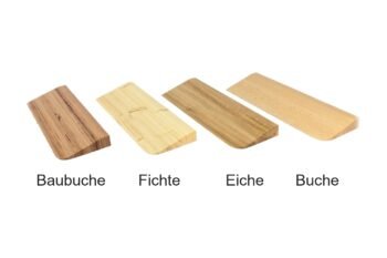 Materialmuster für Saugroboter-Rampen: Baubuche, Fichte, Eiche und Buche